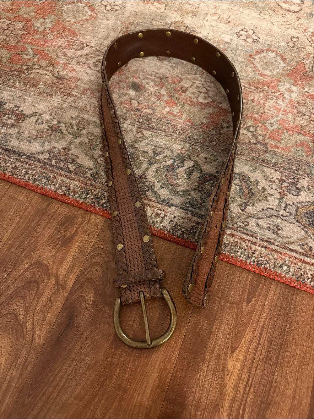 Brown Braided Leather Studded Belt